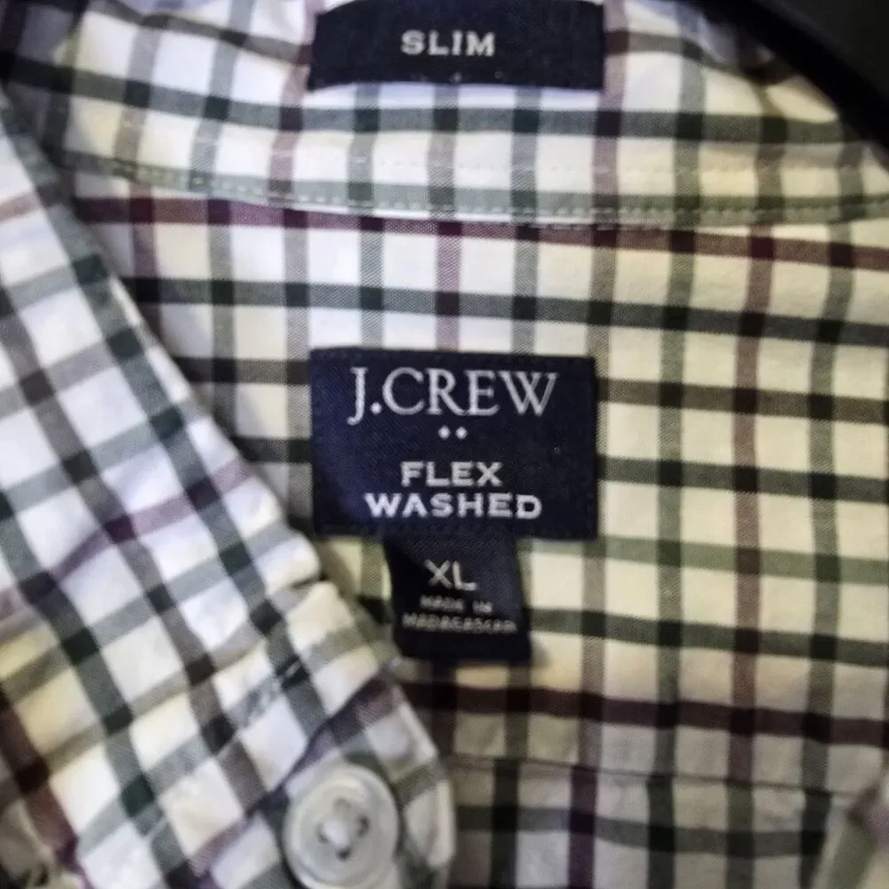 J. Crew Button Down Shirt Slim Fit Mens XL Beige Green Red Check Plaid Cotton